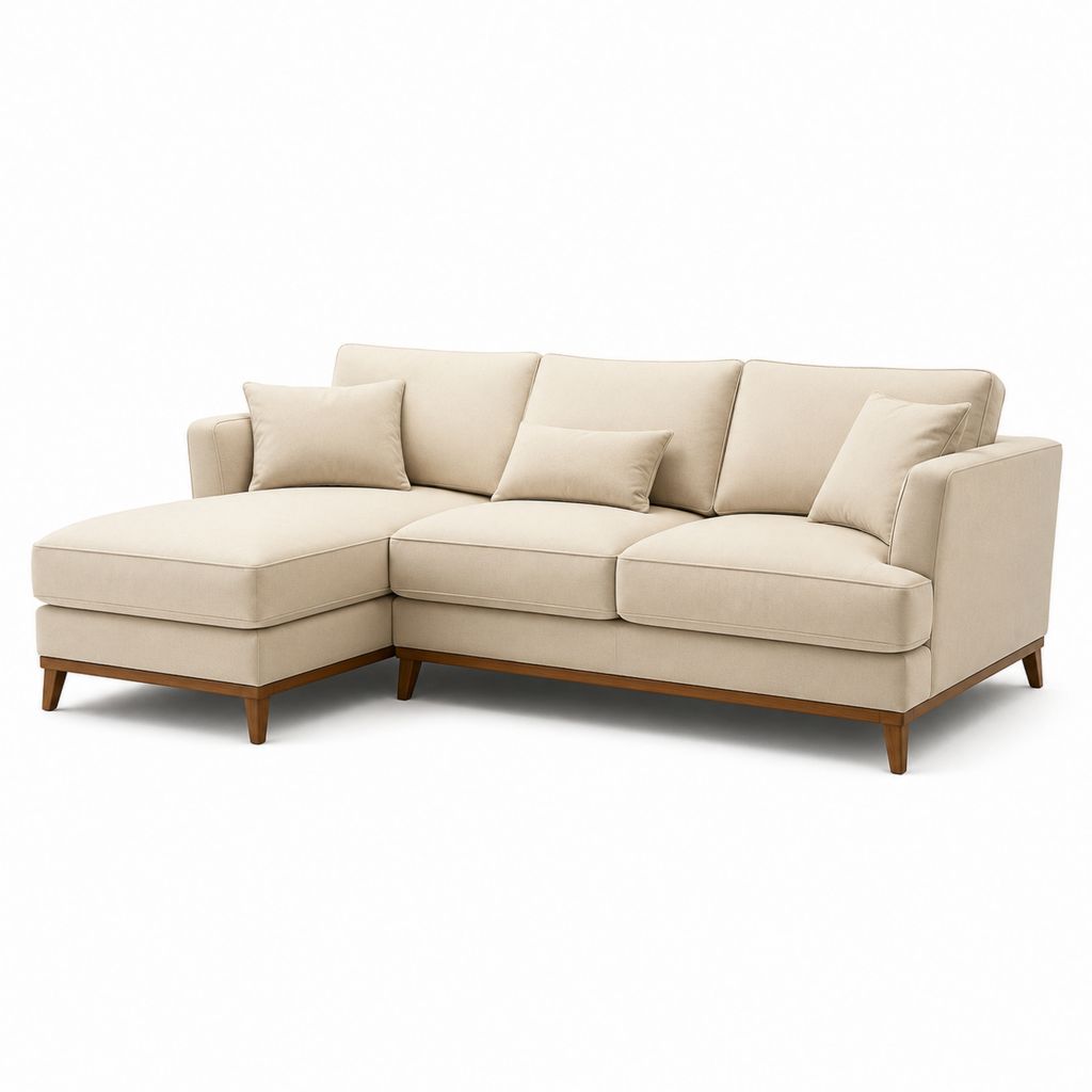 Canapé angulaire 3 places en tissu beige avec chaise longue à gauche, 260 × 160 × 88 cm