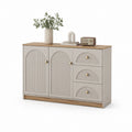 Buffet croyant en bois avec 2 portes et 3 tiroirs, tourterelle et chêne clair, 120 × 40 × 80 cm