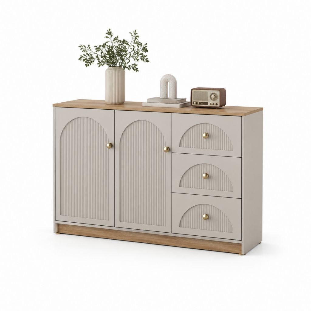 Buffet croyant en bois avec 2 portes et 3 tiroirs, tourterelle et chêne clair, 120 × 40 × 80 cm