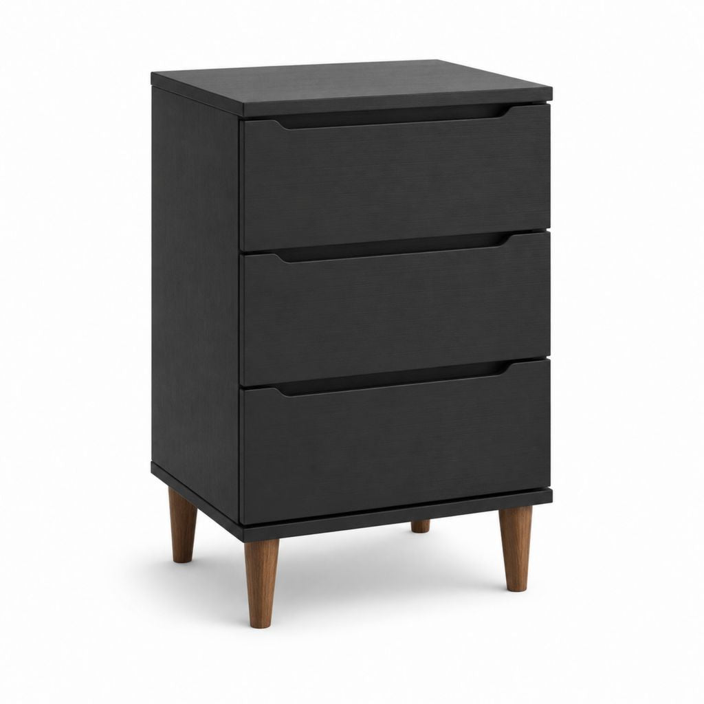 Table de chevet rectangulaire à 3 tiroirs en panneau de particules et bois massif, noir et brun noyer, 45 × 35 × 65 cm