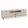 Mobile TV basse en MDF mélaminé avec 4 tiroirs, 2 portes, étagère et passe-câbles, beige tourterelle et chêne naturel, 180 × 40 × 60 cm
