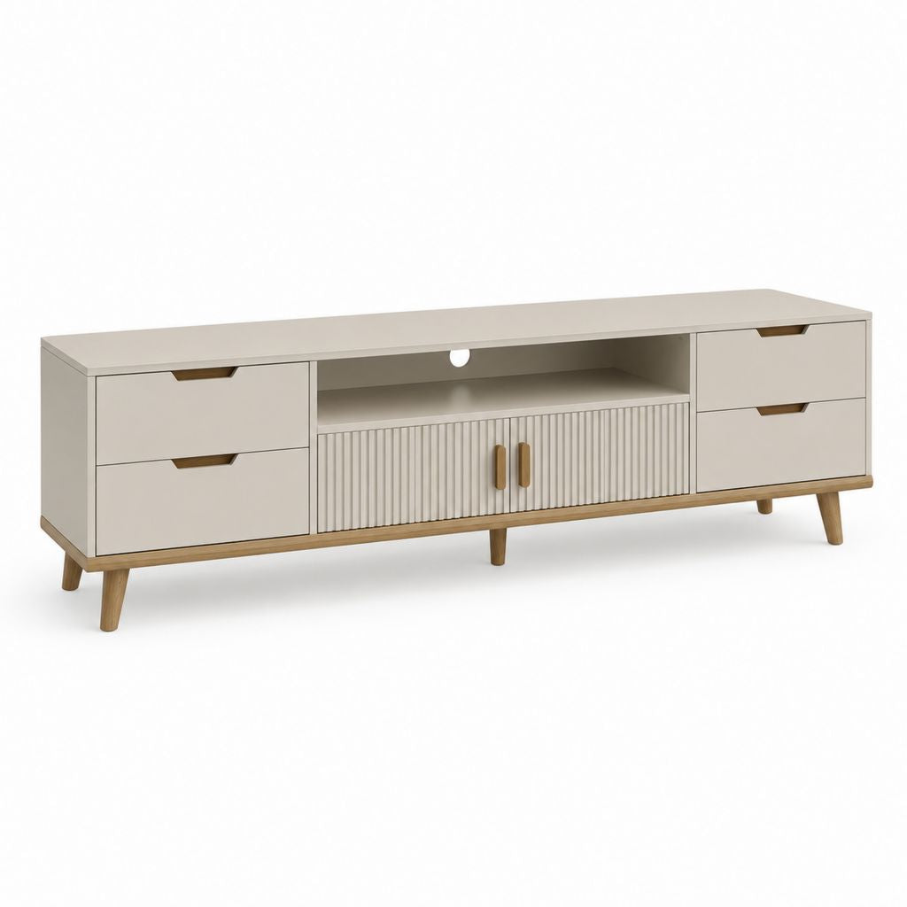 Mobile TV basse en MDF mélaminé avec 4 tiroirs, 2 portes, étagère et passe-câbles, beige tourterelle et chêne naturel, 180 × 40 × 60 cm
