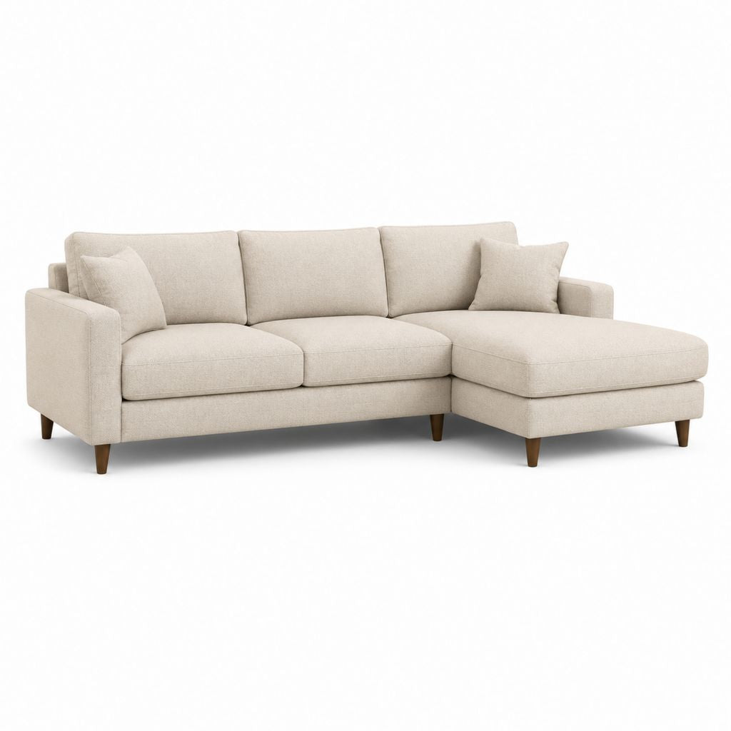 Canapé angulaire 3 places en tissu beige avec péninsule droite, 245 × 160 × 88 cm