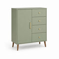 Croyance haute rectangulaire verte sauge avec 1 porte, 4 tiroirs et jambes en bois, 80 × 40 × 110 cm