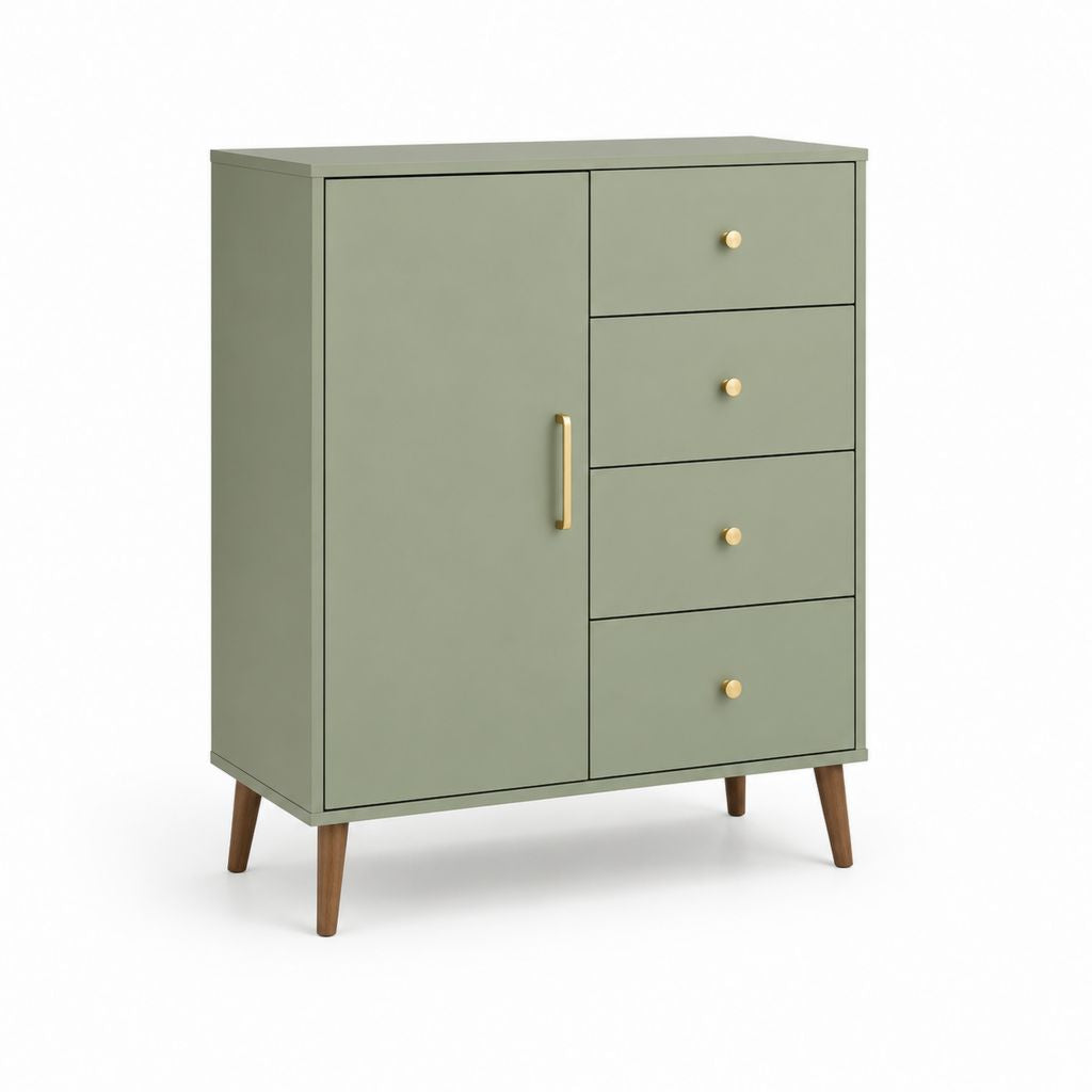 Croyance haute rectangulaire verte sauge avec 1 porte, 4 tiroirs et jambes en bois, 80 × 40 × 110 cm