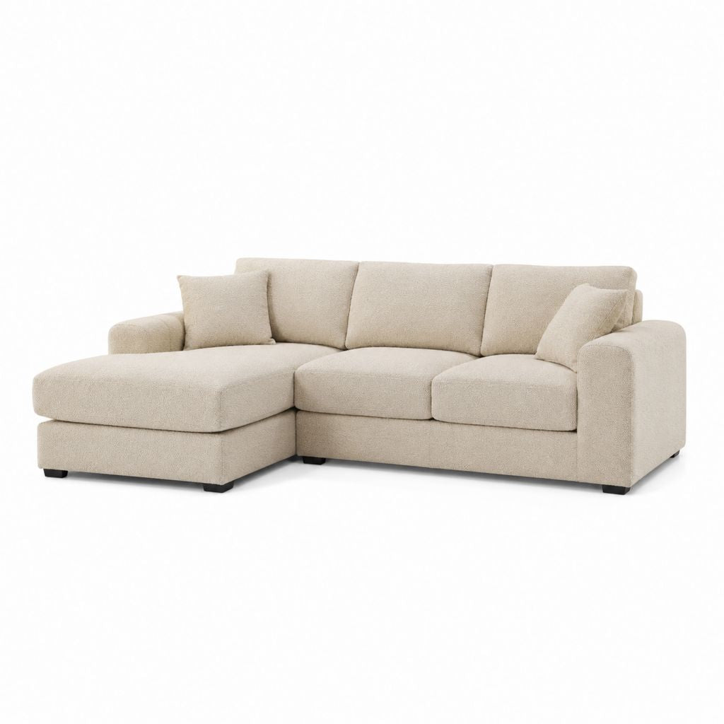 Canapé angulaire 3 places avec chaise longue gauche, revêtement bouclé 100% polyester beige, 265 × 165 × 88 cm