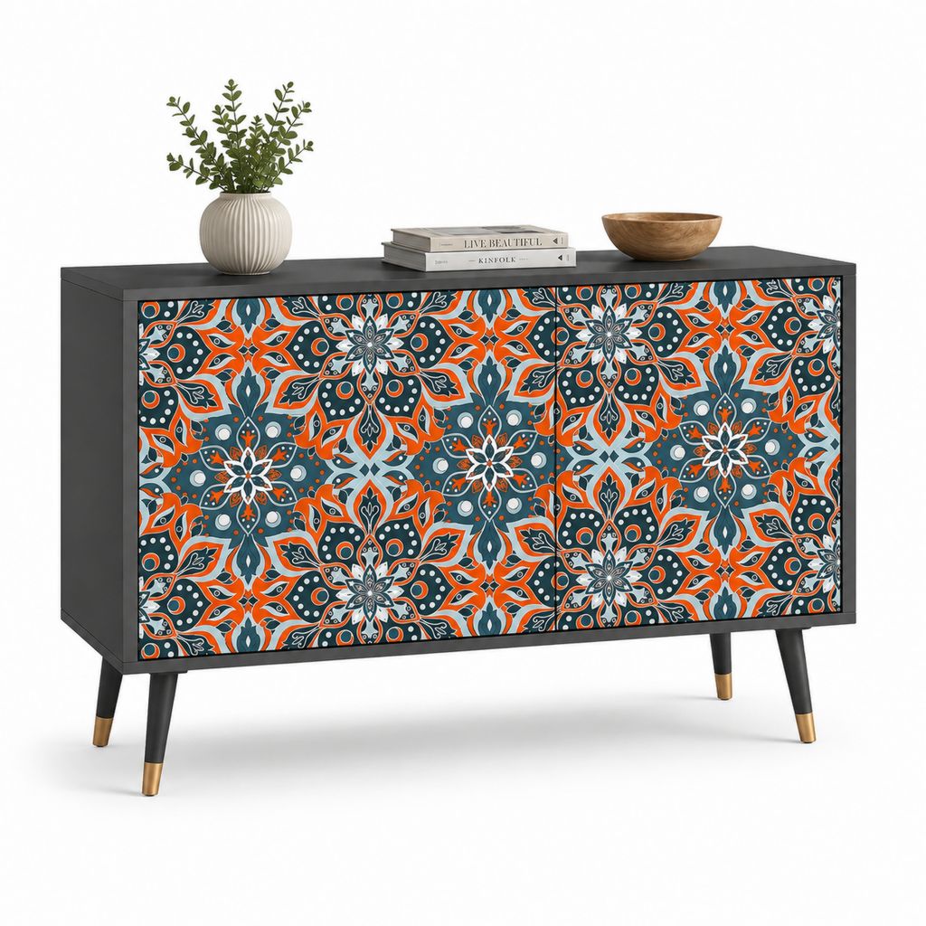 Buffet MDF rectangulaire avec 2 portes, noir avec motif floral orange, bleu pétrole et blanc, 120 × 40 × 80 cm