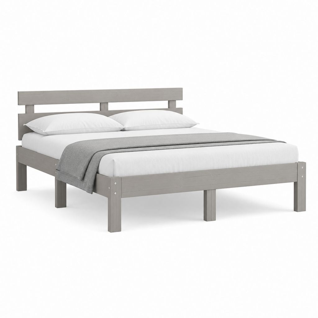 Lit double rectangulaire en bois gris avec tête de lit et filet à lattes, 168 × 208 × 90 cm, pour matelas 160 × 200 cm