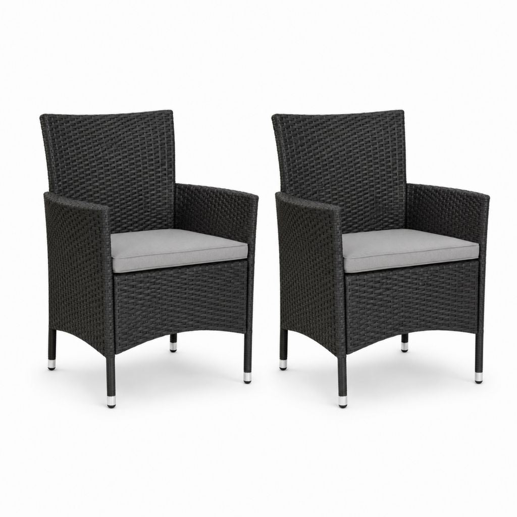 Ensemble de 2 chaises de jardin avec accoudoirs en polyrattan noir et coussins gris clair, 58 × 61 × 88 cm