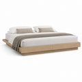 Lit double à plate-forme en bois avec sommier à lattes et 2 tiroirs, chêne naturel, 224 × 216 × 35 cm, pour matelas 180 × 200 cm