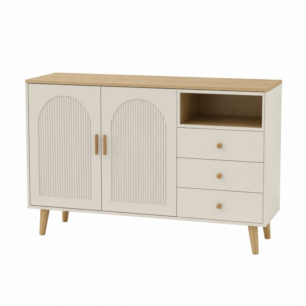 Buffet MDF rectangulaire avec 2 portes, 3 tiroirs et compartiment ouvert, beige et chêne naturel, 120 × 40 × 80 cm