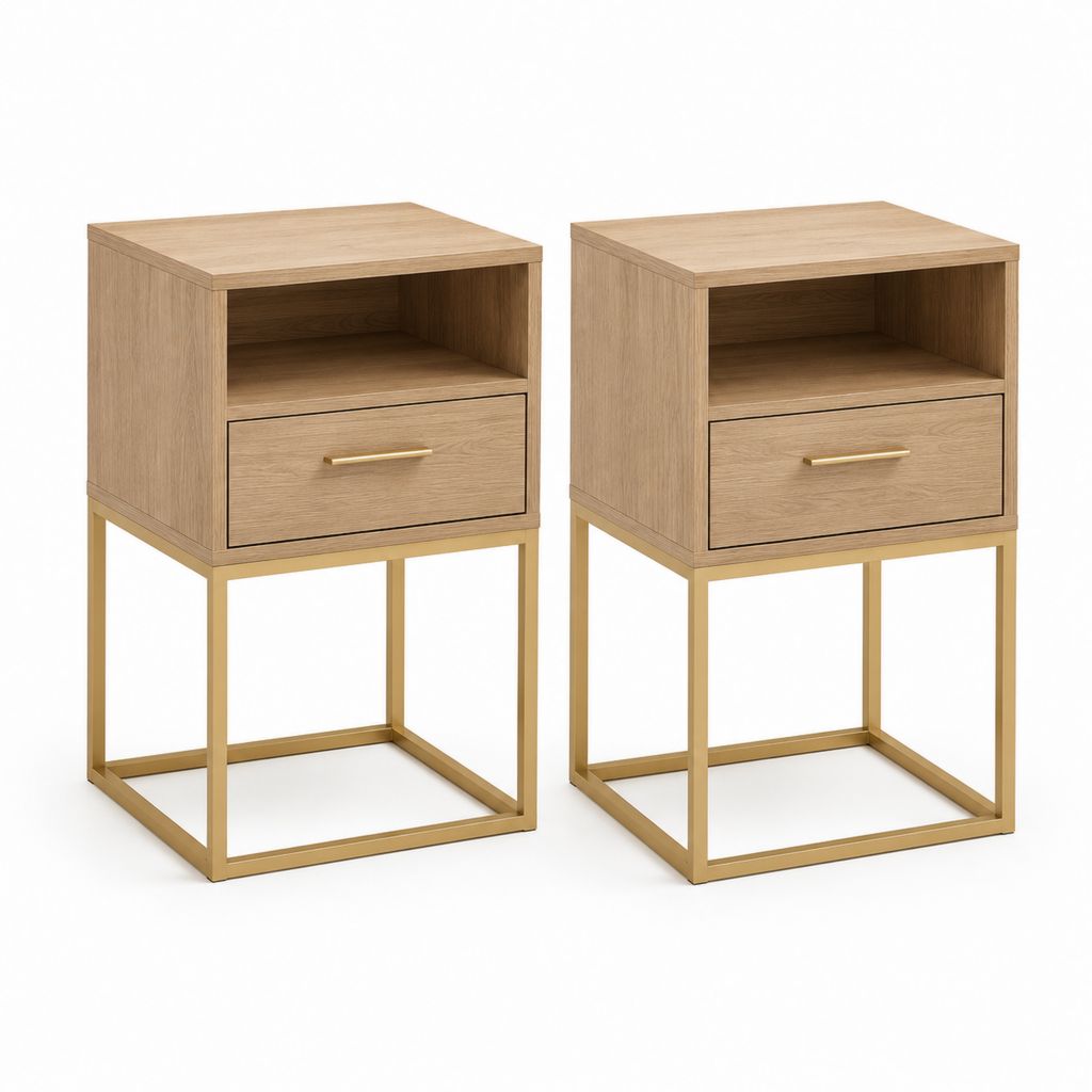 Ensemble de 2 tables rectangulaires en MDF et acier avec tiroir et compartiment ouvert, chêne naturel et doré, 40 × 35 × 60 cm