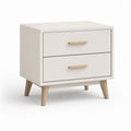 Table de nuit rectangulaire avec 2 tiroirs en MDF et pieds en bois massif, blanc cassé, 50 × 40 × 55 cm