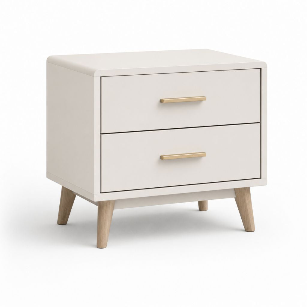 Table de nuit rectangulaire avec 2 tiroirs en MDF et pieds en bois massif, blanc cassé, 50 × 40 × 55 cm