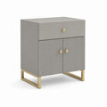 Table de nuit rectangulaire avec tiroir et 2 portes en MDF et acier, gris et or, 50 × 40 × 65 cm
