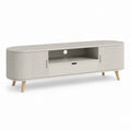 Mobile TV tourterelle en MDF et bois massif avec 2 portes rainurées et tiroir, 160 × 40 × 55 cm