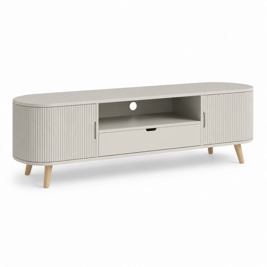 Mobile TV tourterelle en MDF et bois massif avec 2 portes rainurées et tiroir, 160 × 40 × 55 cm