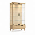 Vitre d'exposition en bois et verre avec 2 portes, 4 étagères, 2 tiroirs et éclairage LED, chêne naturel, transparent et noir, 90 × 40 × 190 cm