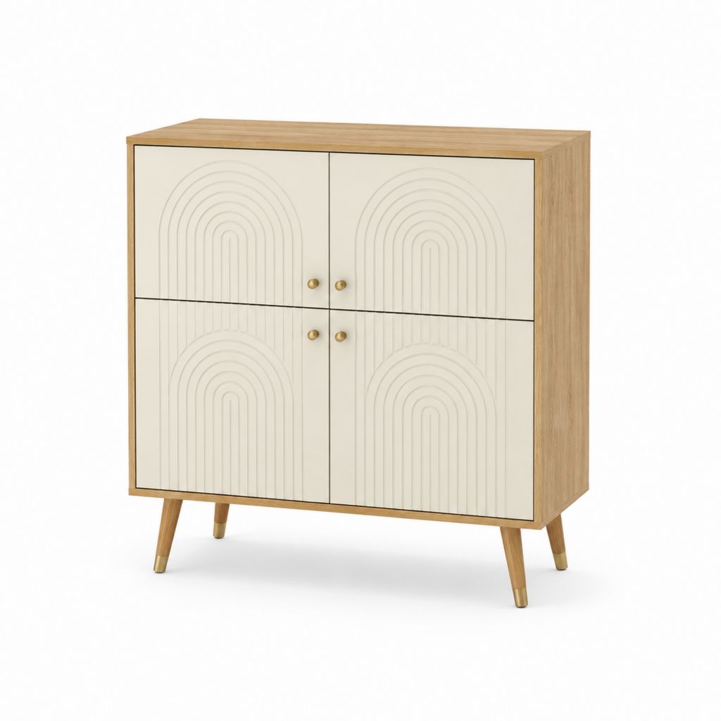 Croyance rectangulaire en MDF et truciolaire avec 4 portes, chêne naturel, ivoire et laiton, 100 × 40 × 110 cm