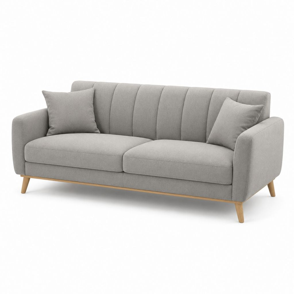 Canapé rectangulaire à 3 places en polyester gris clair avec pieds en bois, 205 × 86 × 84 cm