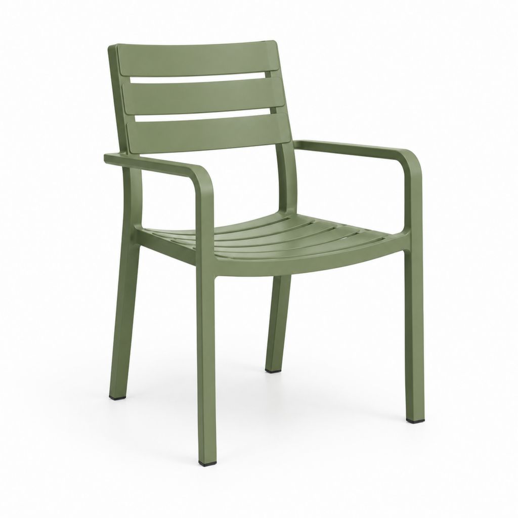 Chaise de jardin empilable avec accoudoirs en aluminium vert olive, 57 × 59 × 84 cm
