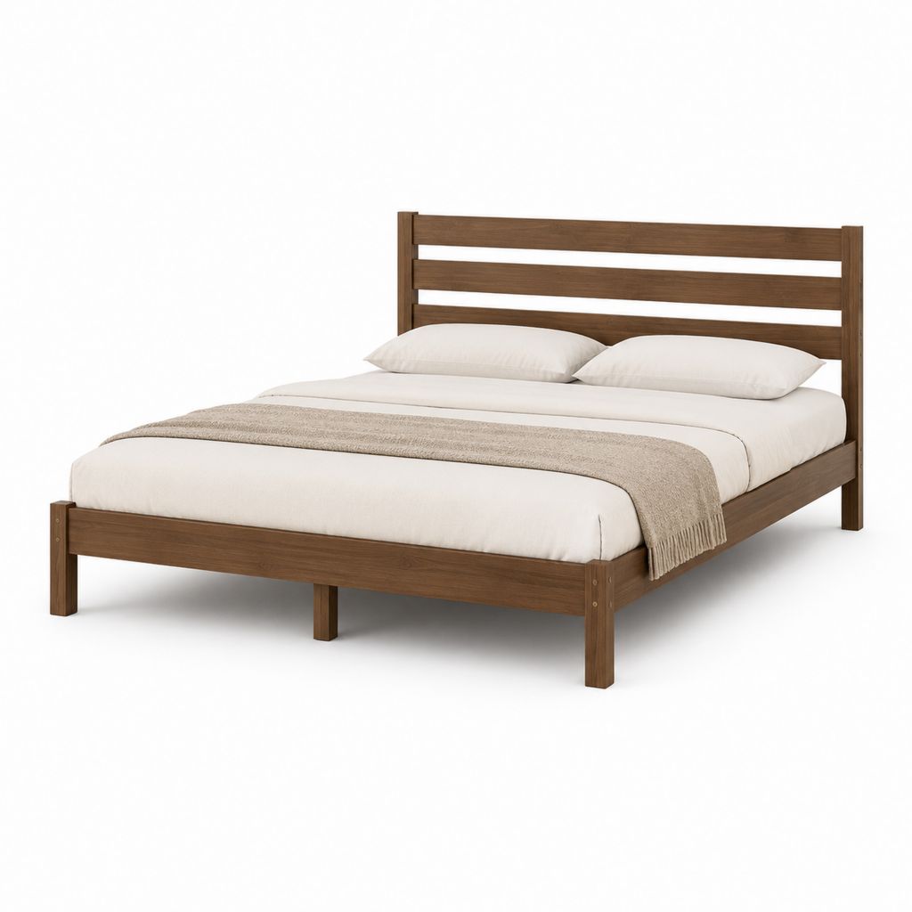Lit double 160 × 200 cm en bois massif marron avec tête de lit à lattes