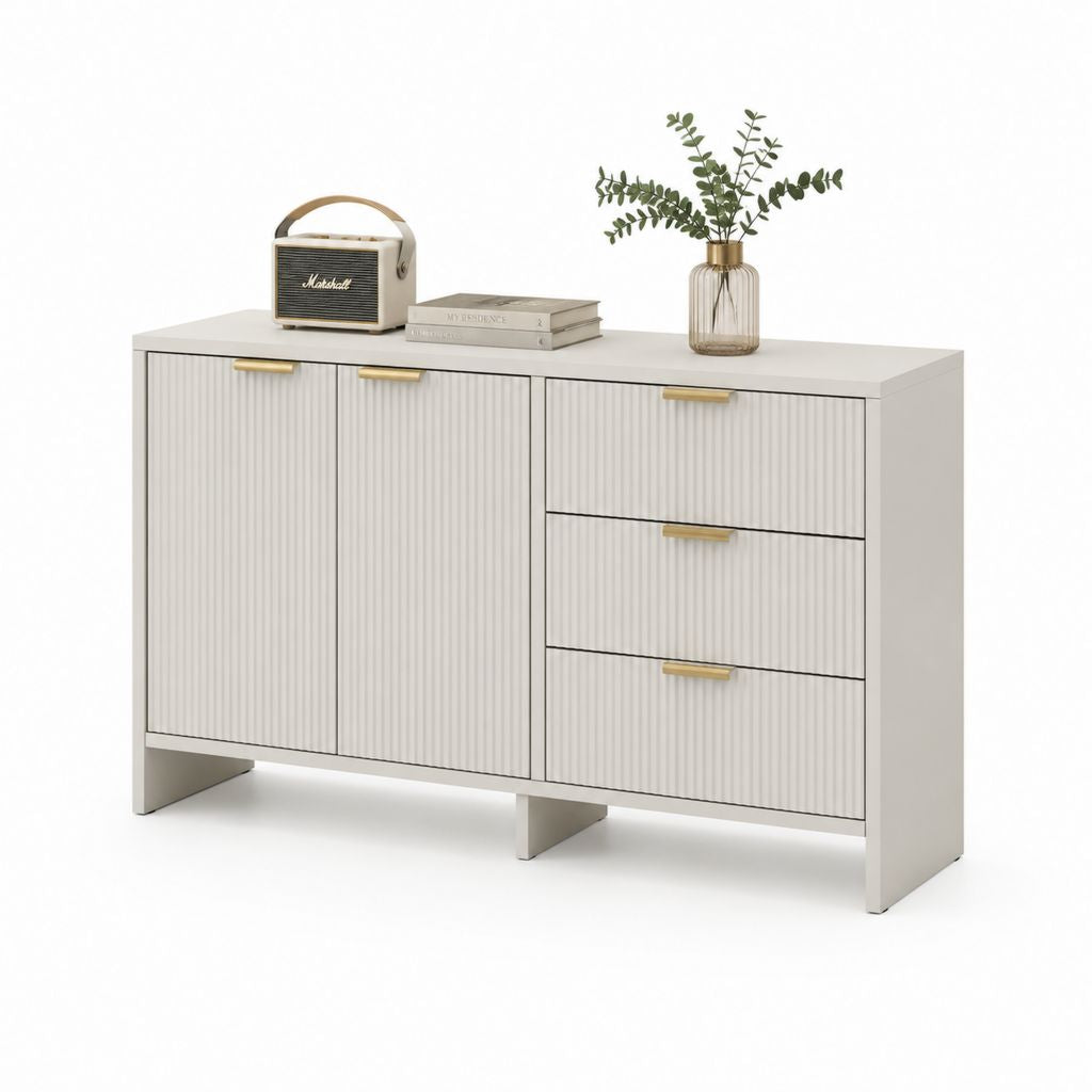 Madia croyance en bois beige clair et or avec 2 portes et 3 tiroirs, 140 × 40 × 85 cm