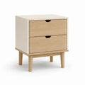 Table de nuit rectangulaire avec 2 tiroirs en MDF et bois massif, beige et chêne naturel, 45 × 35 × 55 cm