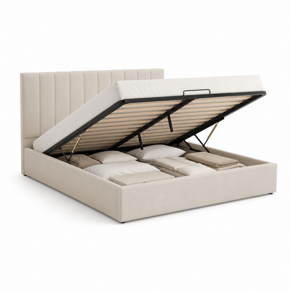 Lit double récipient beige en polyester 176 × 216 × 110 cm pour matelas 160 × 200 cm avec filet à lattes relevable