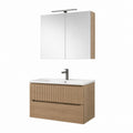 Composition salle de bain suspendue 4 pièces avec meuble en bois, lavabo en céramique, casier miroir et lampe LED, chêne naturel et blanc, 80 × 46 × 55 cm