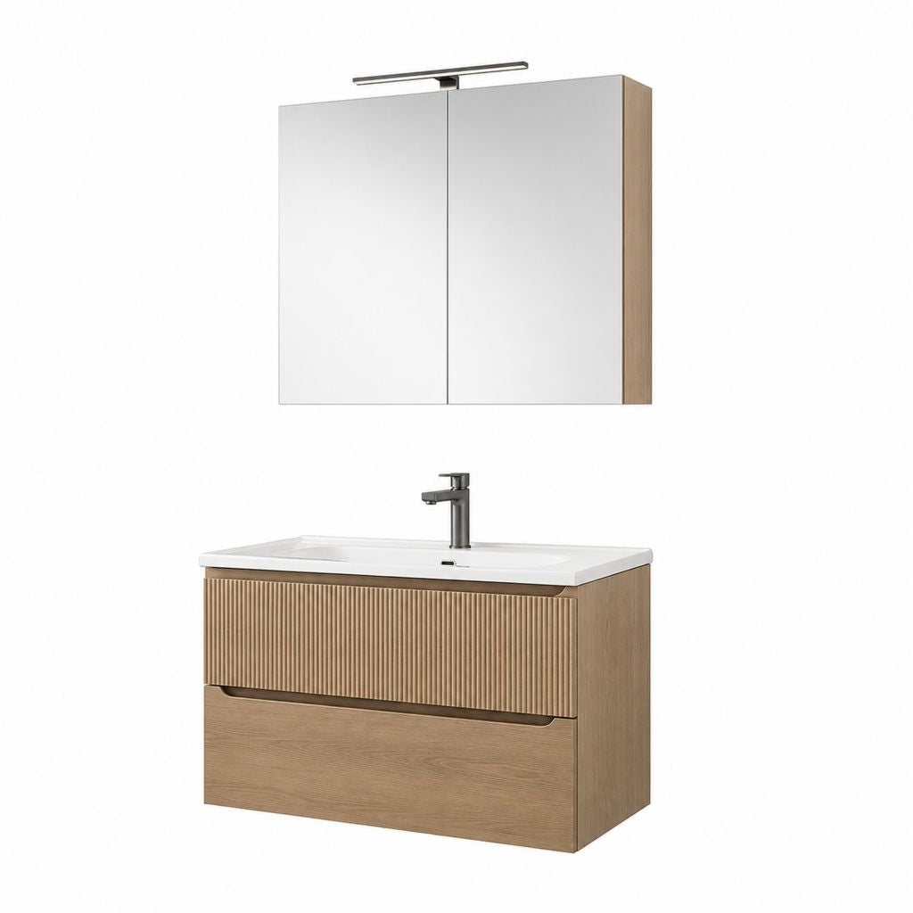 Composition salle de bain suspendue 4 pièces avec meuble en bois, lavabo en céramique, casier miroir et lampe LED, chêne naturel et blanc, 80 × 46 × 55 cm
