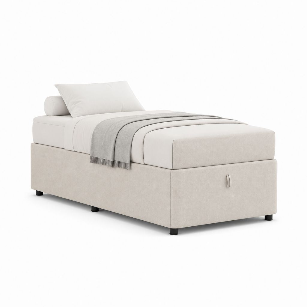 Lit simple en tissu beige clair, 90 × 190 cm, dimensions 200 × 100 × 45 cm, sans tête de lit