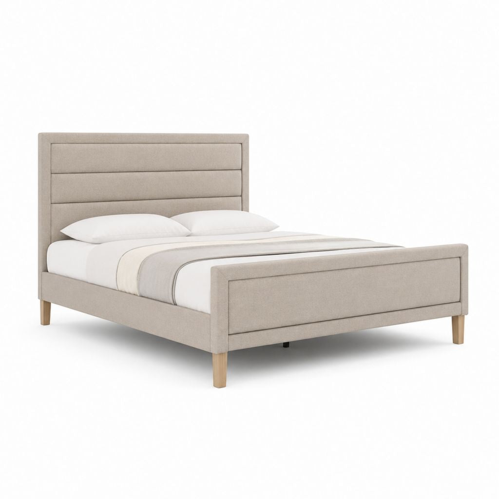 Lit double rembourré beige pour matelas 160 × 200 cm, dimensions 218 × 171 × 120 cm