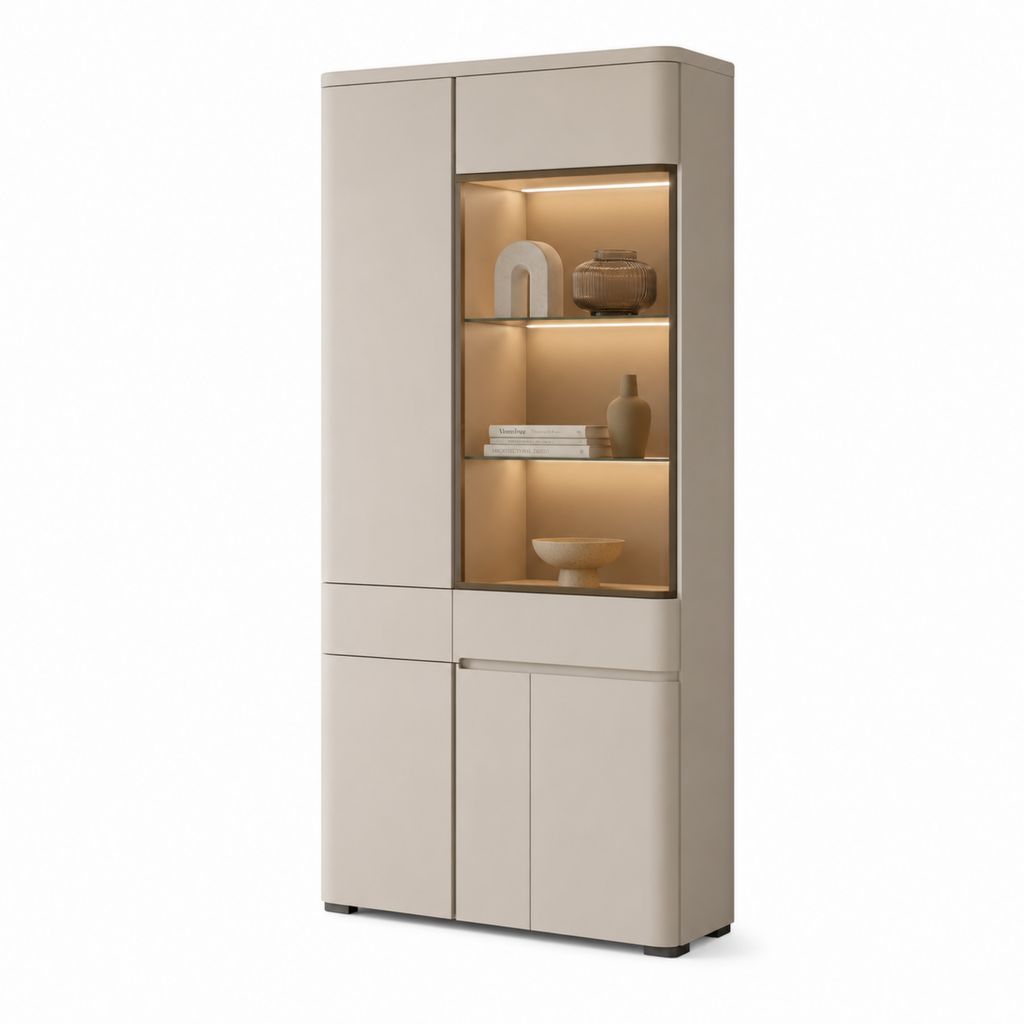 Vitre haute rectangulaire avec éclairage LED en MDF laqué et verre, tourterelle, 90 × 40 × 200 cm