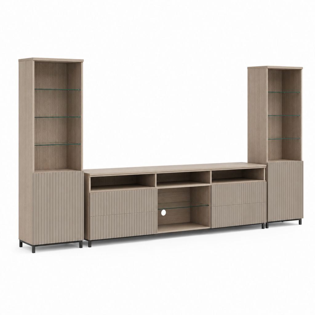 Mobile TV rectangulaire avec 2 vitrines, ensemble de 3 pièces en bois, MDF, métal et verre, chêne tourterelle, 270 × 40 × 180 cm