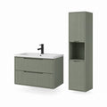 Ensemble de meubles de salle de bains suspendus vert sauge avec meuble à 2 tiroirs, lavabo en céramique, robinet noir et colonne, 60 × 46 × 55 cm et 35 × 30 × 140 cm