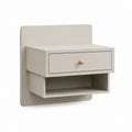 Table de nuit suspendue murale en MDF avec tiroir et compartiment ouvert, greige et laiton, 45 × 30 × 50 cm