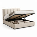 Lit double récipient rembourré en tissu beige avec filet à lattes, 171 × 214 × 110 cm, matelas 160 × 200 cm