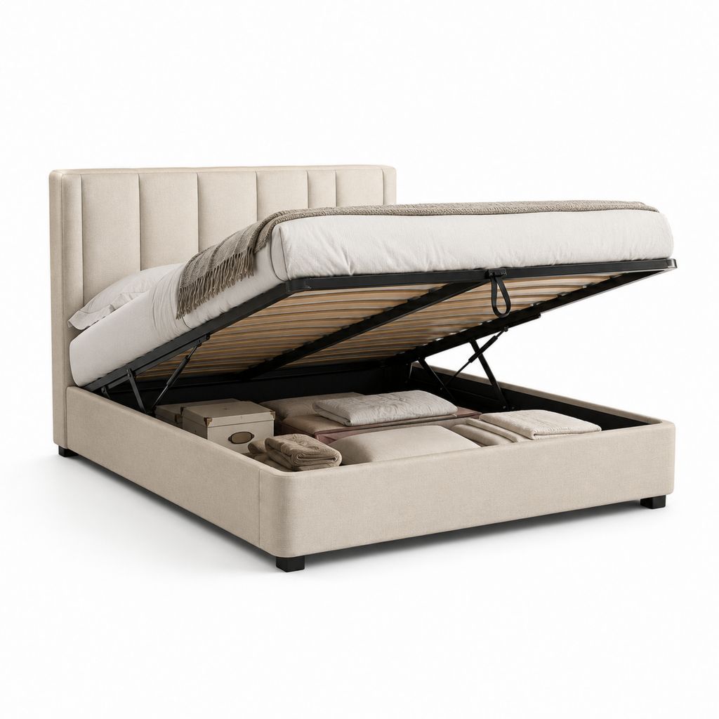 Lit double récipient rembourré en tissu beige avec filet à lattes, 171 × 214 × 110 cm, matelas 160 × 200 cm