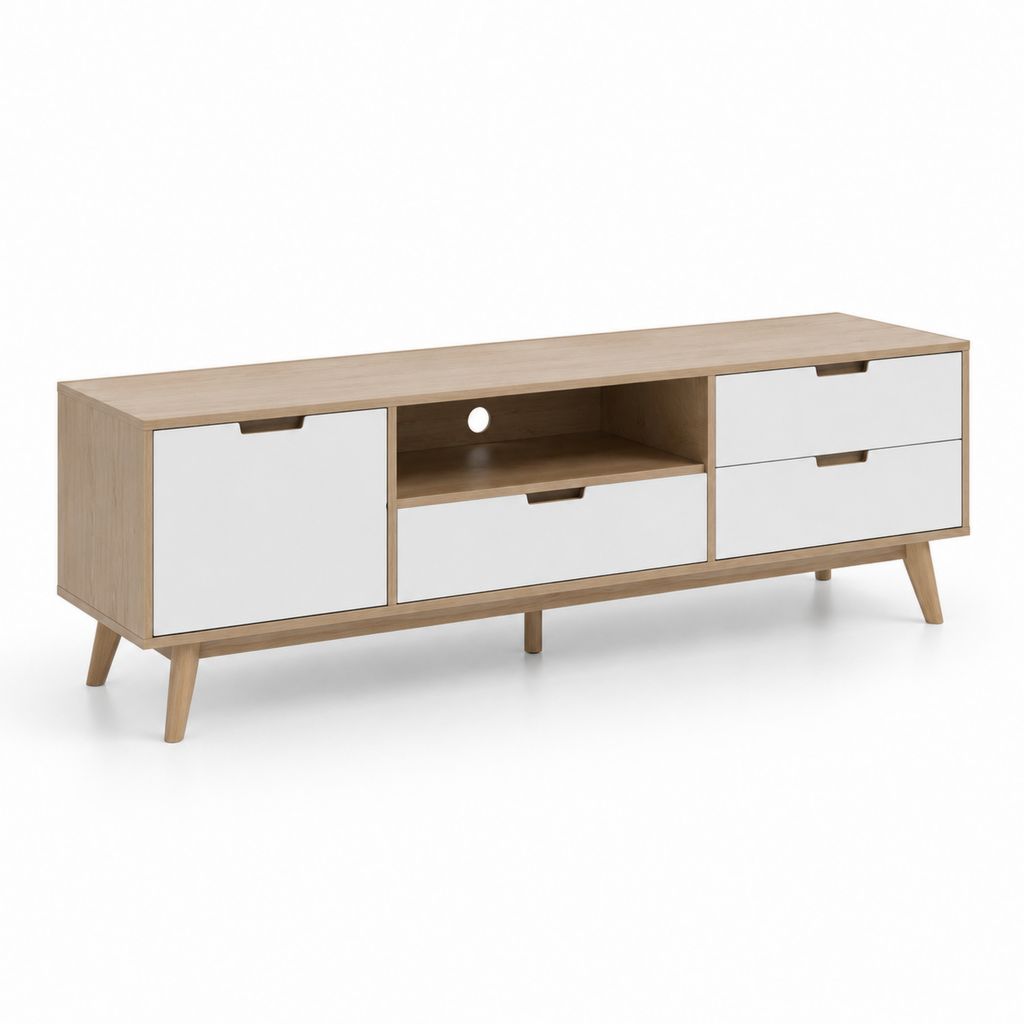 Mobile TV en bois et MDF 160 × 40 × 60 cm, chêne naturel et blanc, avec 3 tiroirs, 1 porte et compartiment ouvert