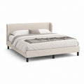Lit double rembourré en tissu beige 180 × 200 cm, dimensions 195 × 218 × 105 cm, avec tête enveloppante