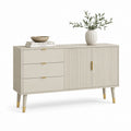Croyance en bois avec 3 tiroirs et 2 portes cannelées, beige et or, 120 × 40 × 80 cm