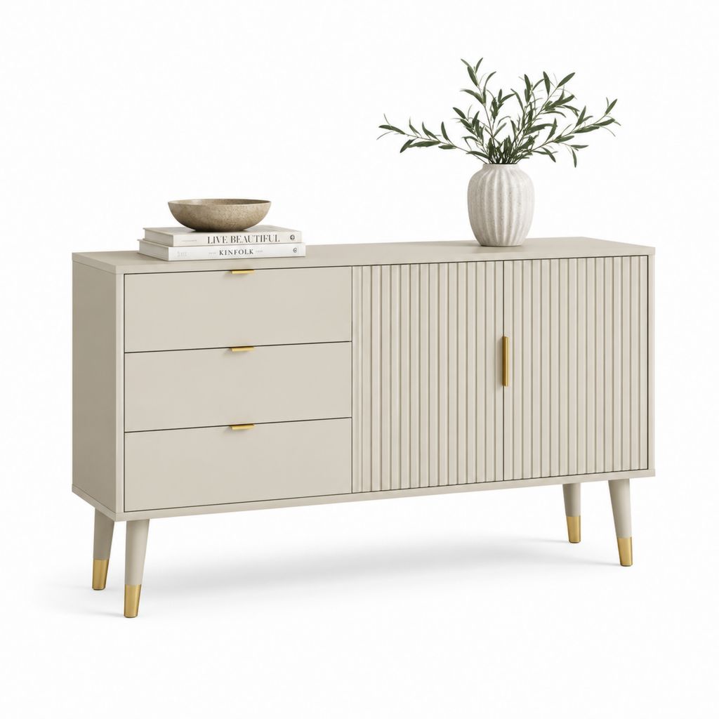 Croyance en bois avec 3 tiroirs et 2 portes cannelées, beige et or, 120 × 40 × 80 cm