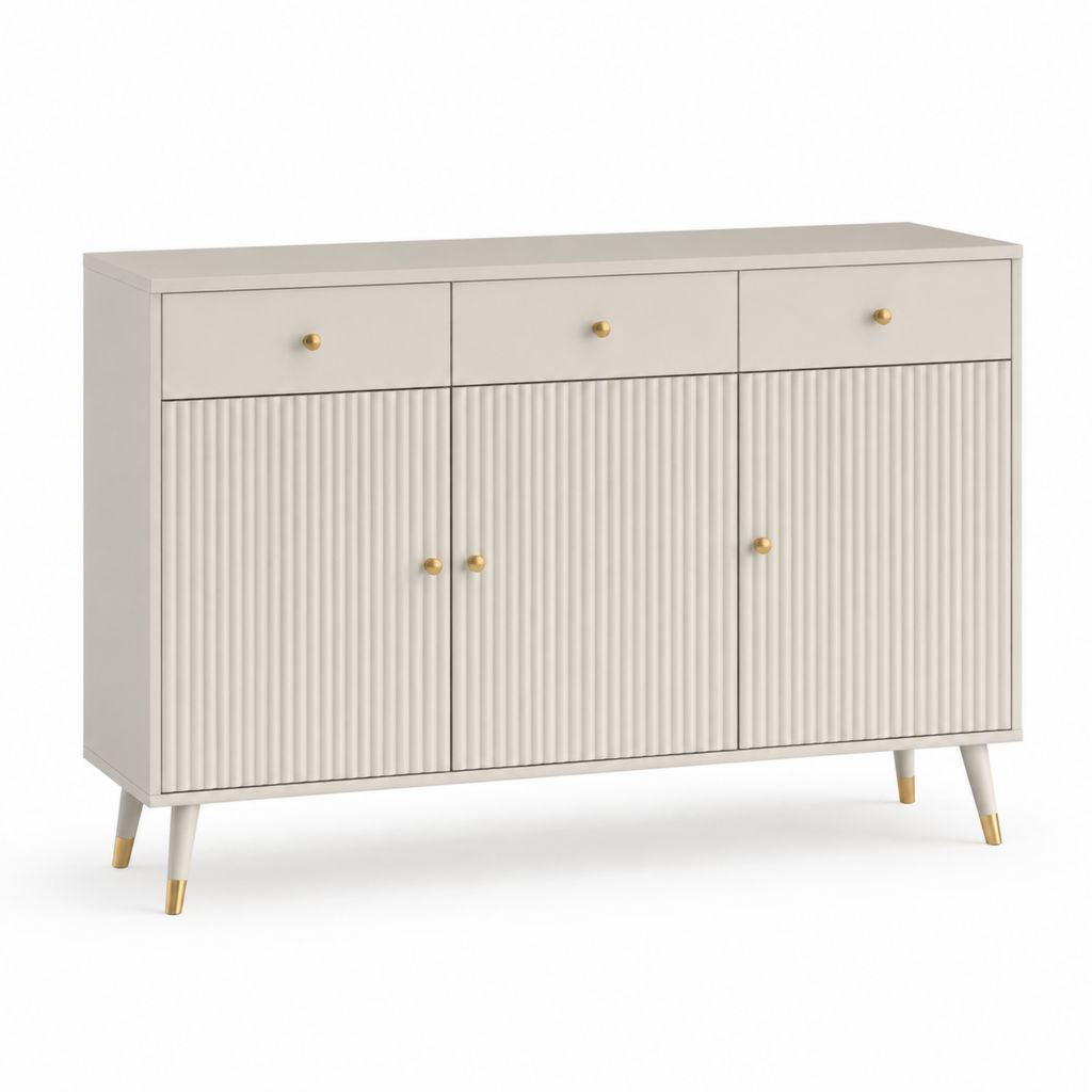 Croyance rectangulaire en MDF avec 3 portes cannelées et 3 tiroirs, beige et or, 120 × 40 × 90 cm