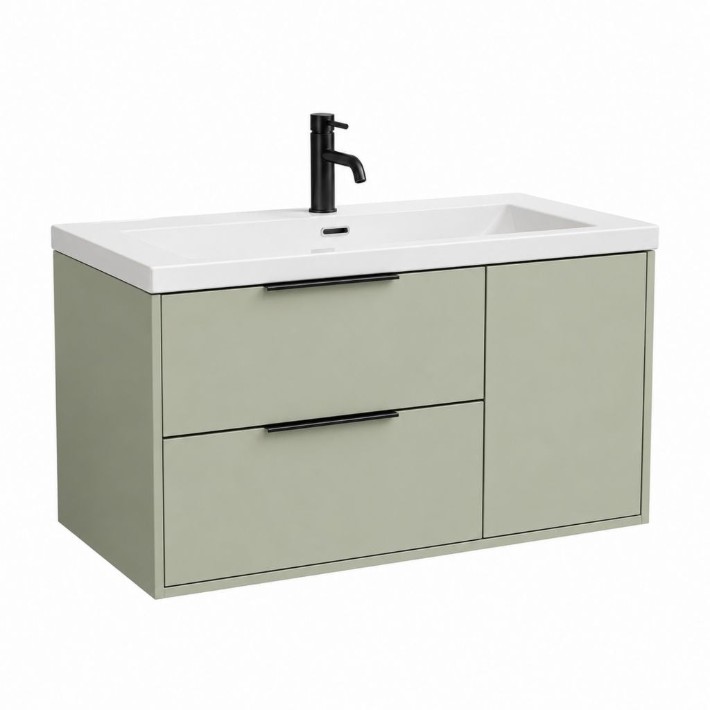 Ensemble de salle de bain suspendue rectangulaire en MDF vert sauge avec lavabo en céramique, 100 × 46 × 60 cm