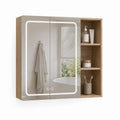 Armoire de salle de bain rectangulaire avec miroir LED, anti-buée et 3 compartiments latéraux, chêne et argent, en MDF et verre, 90 × 15 × 70 cm