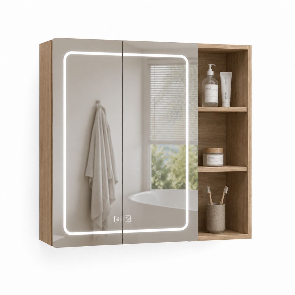 Armoire de salle de bain rectangulaire avec miroir LED, anti-buée et 3 compartiments latéraux, chêne et argent, en MDF et verre, 90 × 15 × 70 cm