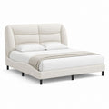 Lit double rembourré beige 178 × 218 × 120 cm, plateau matelas 160 × 200 cm, tête de lit matelassée et pieds métalliques