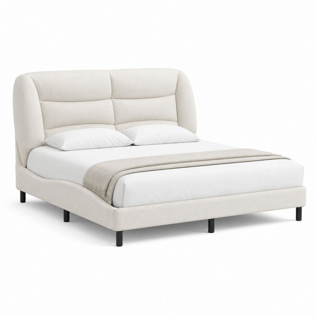 Lit double rembourré beige 178 × 218 × 120 cm, plateau matelas 160 × 200 cm, tête de lit matelassée et pieds métalliques