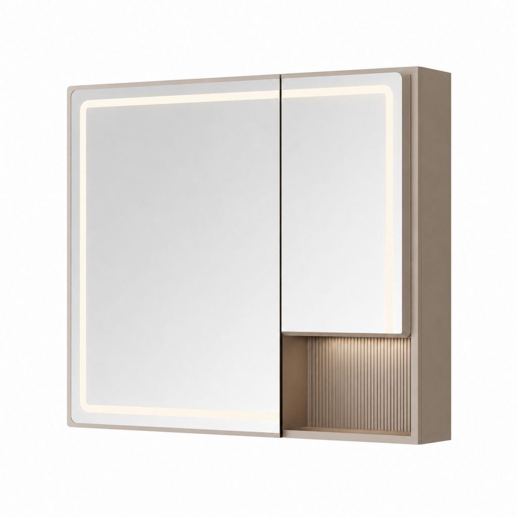 Armoire miroir de salle de bain avec LED intégrée en MDF et verre, tourterelle, 80 × 15 × 70 cm